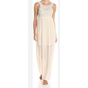 Flying Tomato Embroidered Lace Empire Tiered Maxi Dress BOHO Hippie Crinkle Sz L